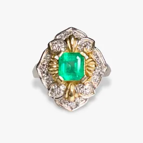 14k Yellow Gold Square Emerald and Diamond Vintage Cocktail Ring