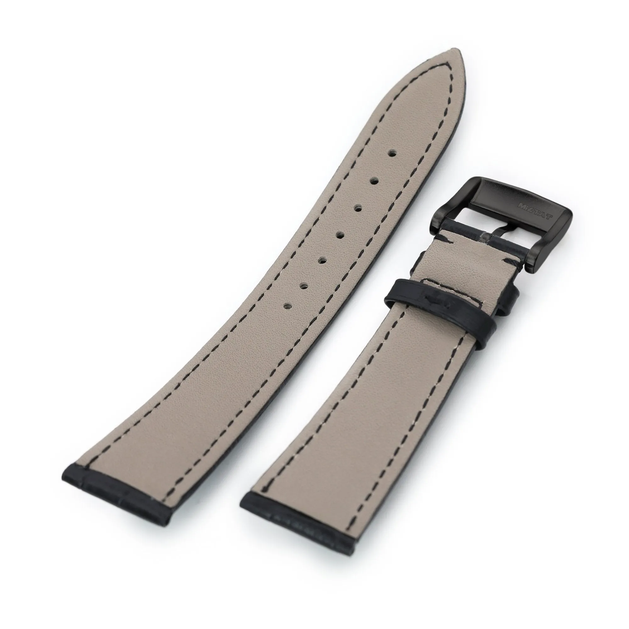 22mm Black CrocoCalf (Croco Grain) Tapered  Leather Watch Band, PVD Black Buckle