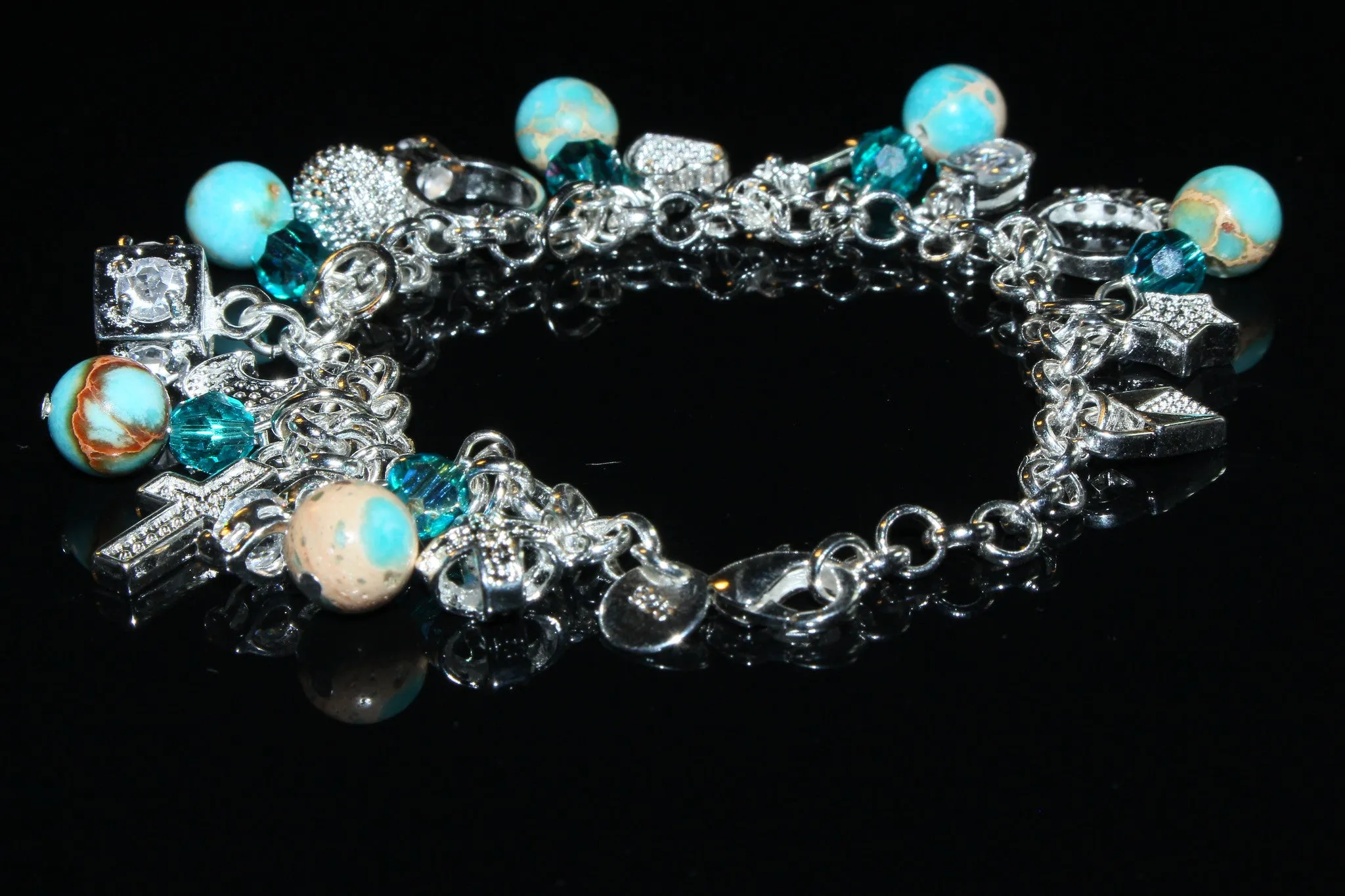 Blue Zircon Swarovski Elements and Blue Magnesite Gemstone, Charms Bracelet