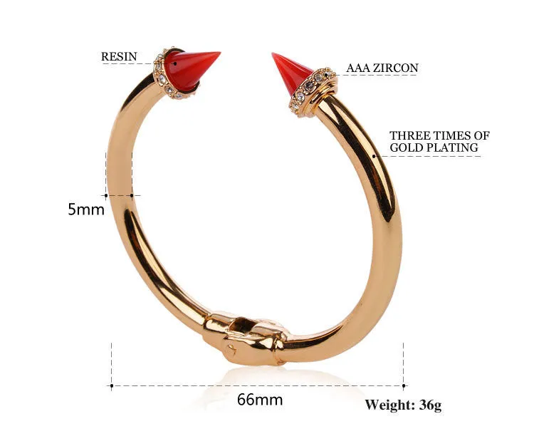 Brand Jewelry Punk Bracelet Colourful Resin Double Arrow Tapered Titanium Gold Plated/Silver Rhinestone Rivets Nail Cuff Bangle