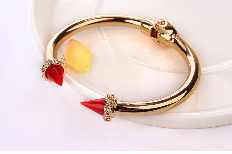 Brand Jewelry Punk Bracelet Colourful Resin Double Arrow Tapered Titanium Gold Plated/Silver Rhinestone Rivets Nail Cuff Bangle