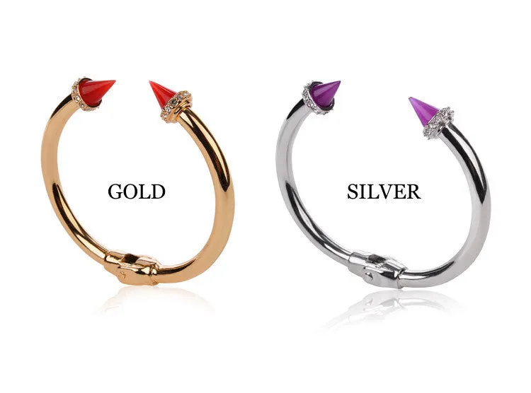 Brand Jewelry Punk Bracelet Colourful Resin Double Arrow Tapered Titanium Gold Plated/Silver Rhinestone Rivets Nail Cuff Bangle