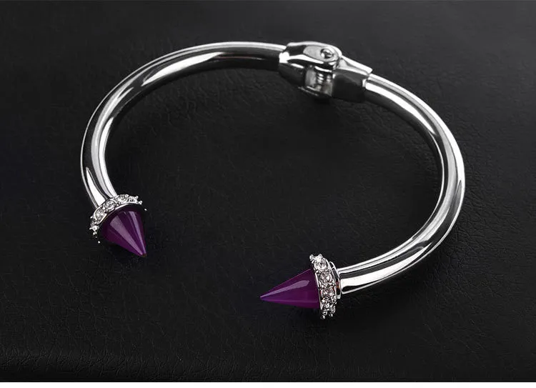 Brand Jewelry Punk Bracelet Colourful Resin Double Arrow Tapered Titanium Gold Plated/Silver Rhinestone Rivets Nail Cuff Bangle