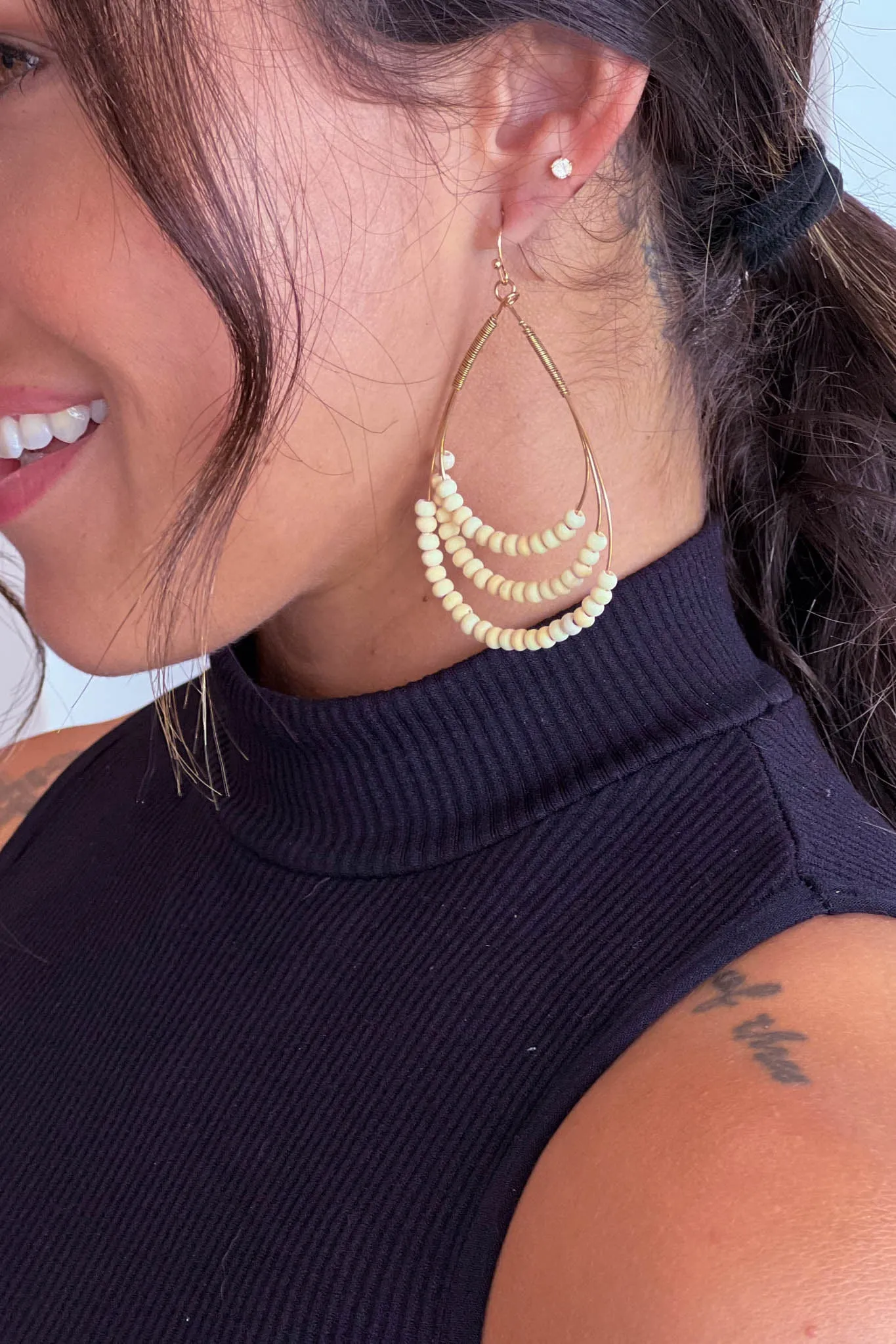 Cream Wooden Beads Oval Hoop Earrings