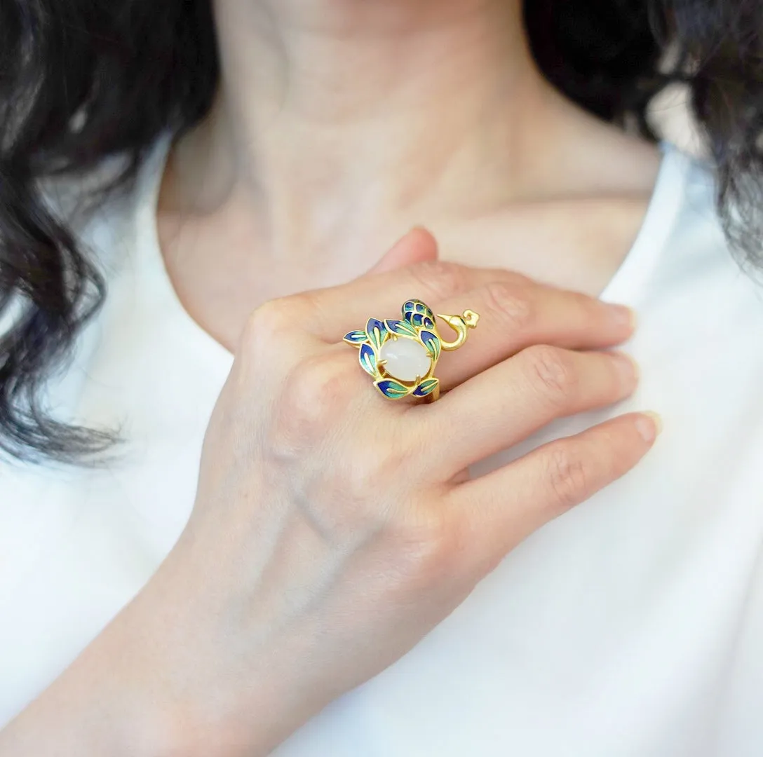 Gold Enamel Peacock Ring