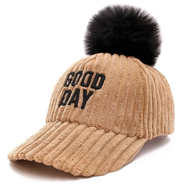 Good Day Letter Pompoms Casual Flannel Warm Cap