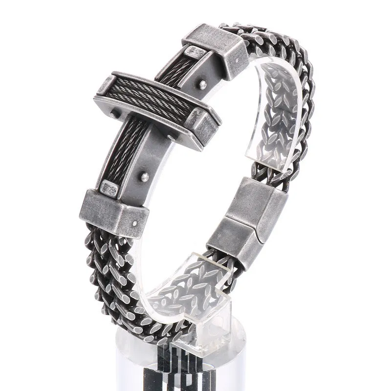 Hip-Hop Urban Weiya Line Cross Bracelet, Personalized European and American Men's Titanium Steel Chain with Magnet Buckle
