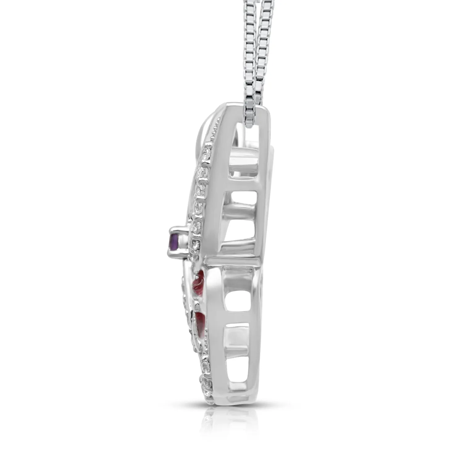 Jewelili Sterling Silver with Round Amethyst and Round Created White Sapphire Enamel Butterfly Pendant Necklace