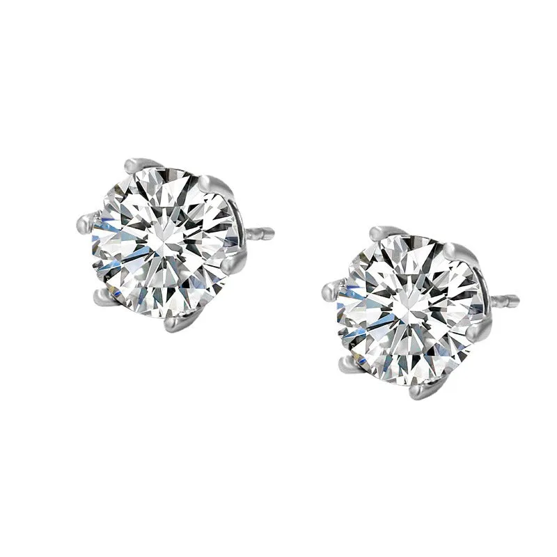 Jewelry Copper Alloy Platinum Plated Bright Six-Prong Inlaid Single Stone Earrings Simple Cold Style Earrings