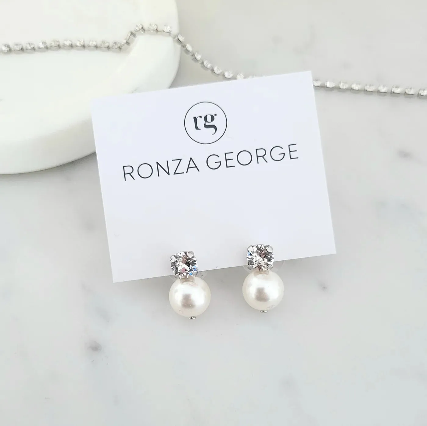 Leah Pearl - Swarovski Crystal and Pearl Bridal Stud Earrings - Rhodium Silver