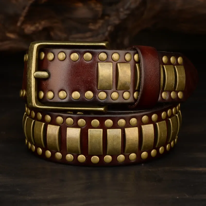 Men's Antique Gold Round Square Rivets Leather Belt