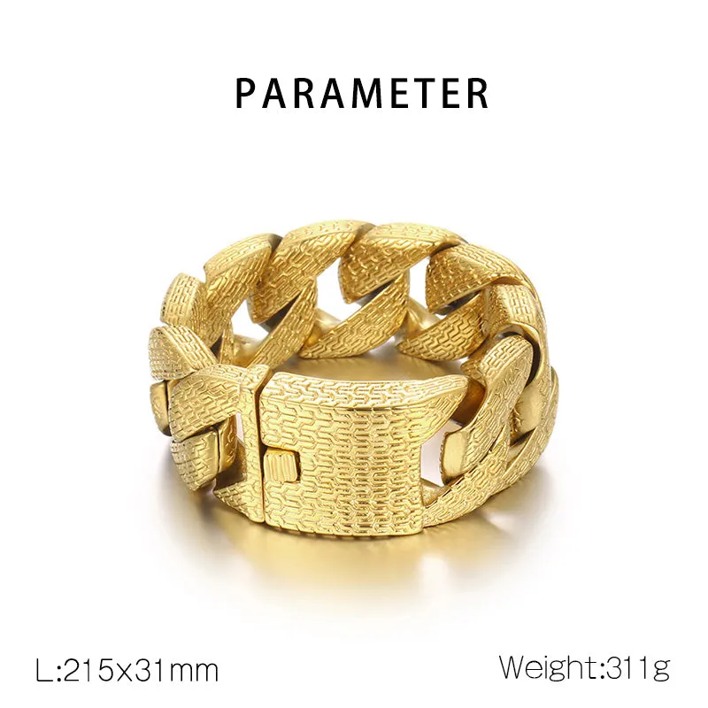Men's Gold Titanium Stainless Steel Bracelet – Thick Cuban Link Chain with Intricate Engraving, Durable and Hypoallergenic for Daily Wear