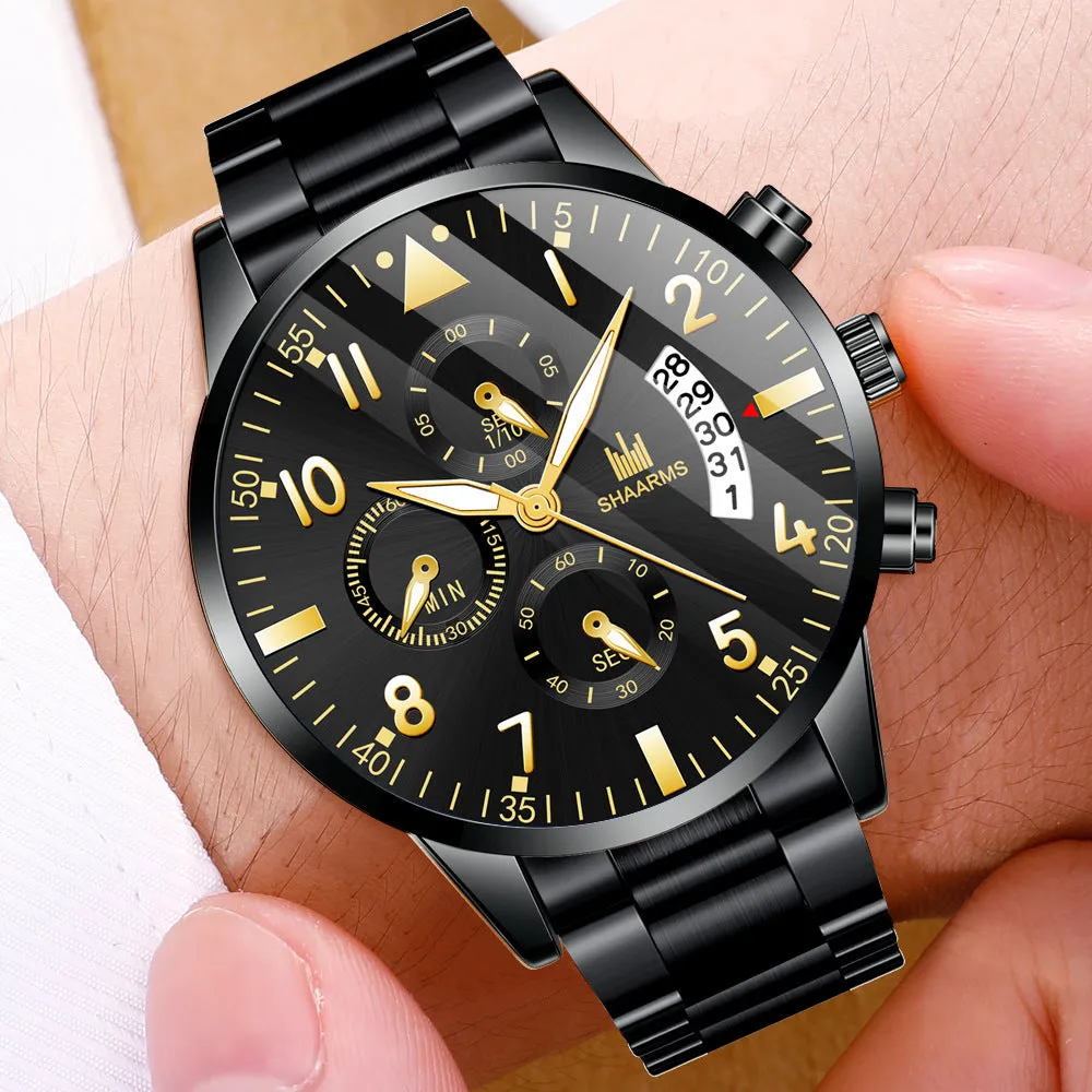 Men's Steel Belt Fake Three-Eye Business Digital Scale Men's Calendar Fashion Quartz Watch