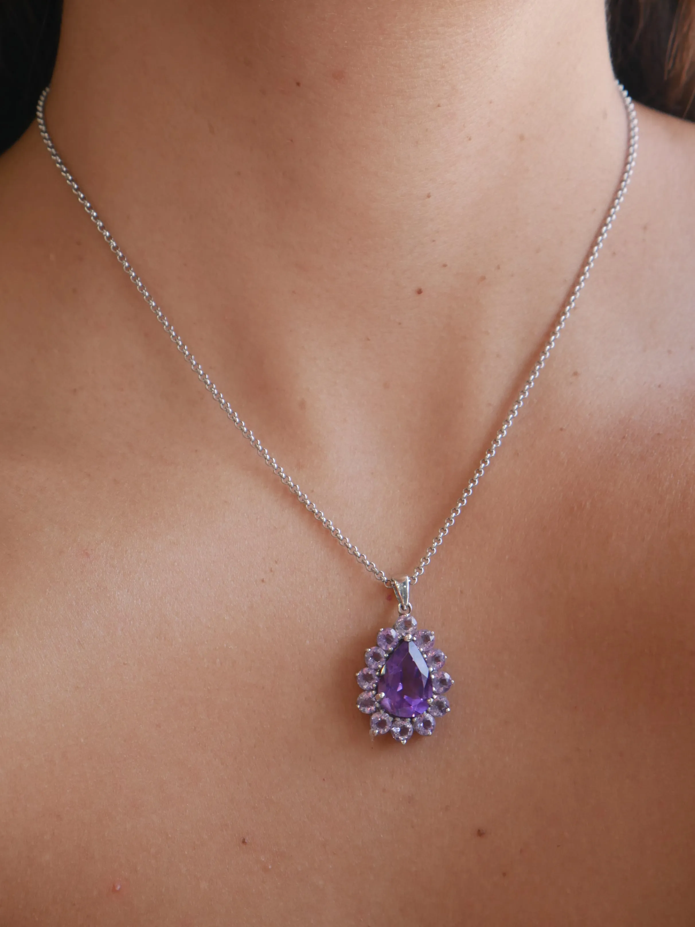 Pink Amethyst Gemstone Necklace Teardrop Amethyst Gemstone Pink Amethyst Halo .925 Sterling Silver Statement Pendant Necklace