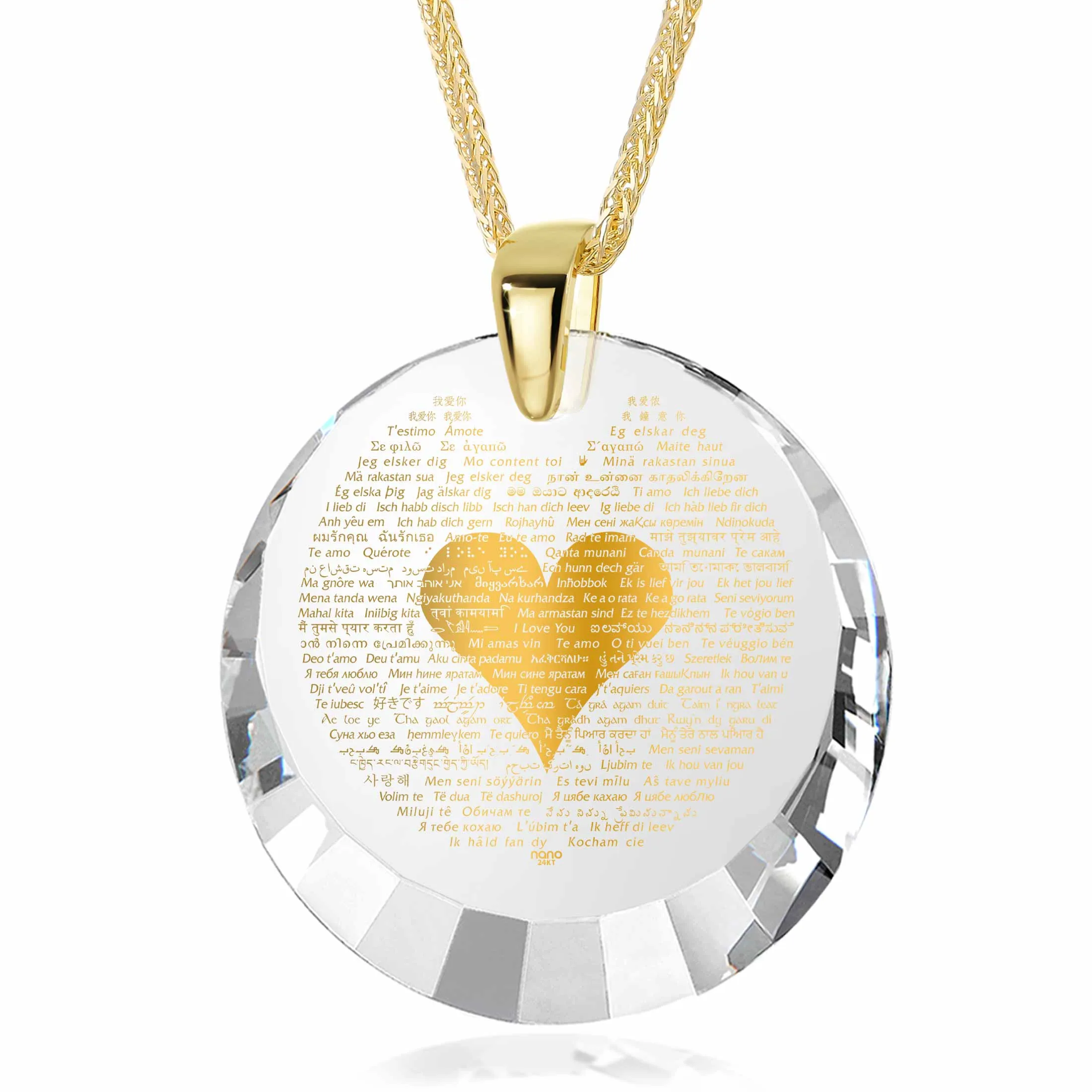 "I Love You" in 120 Languages, Silver Gold Plated Necklace, Zirconia