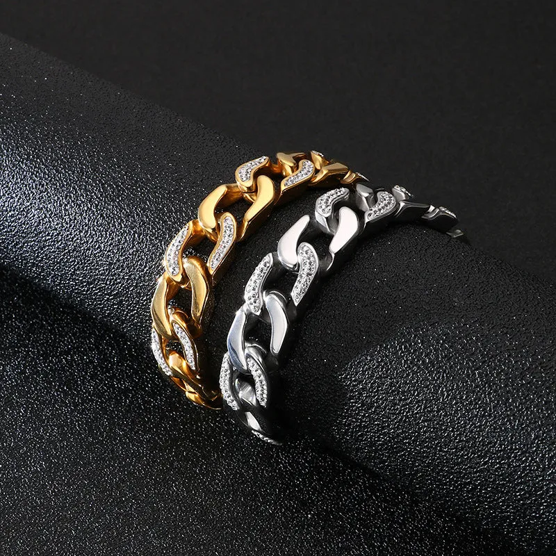 Trendy Hip-Hop Style Men's Titanium Steel Bracelet with Zircon Accents - Versatile European and American Design