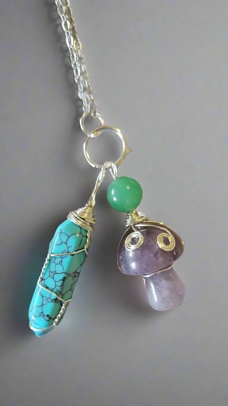 Turquoise & Amethyst Amulet Pendant Lucky Charm Necklace