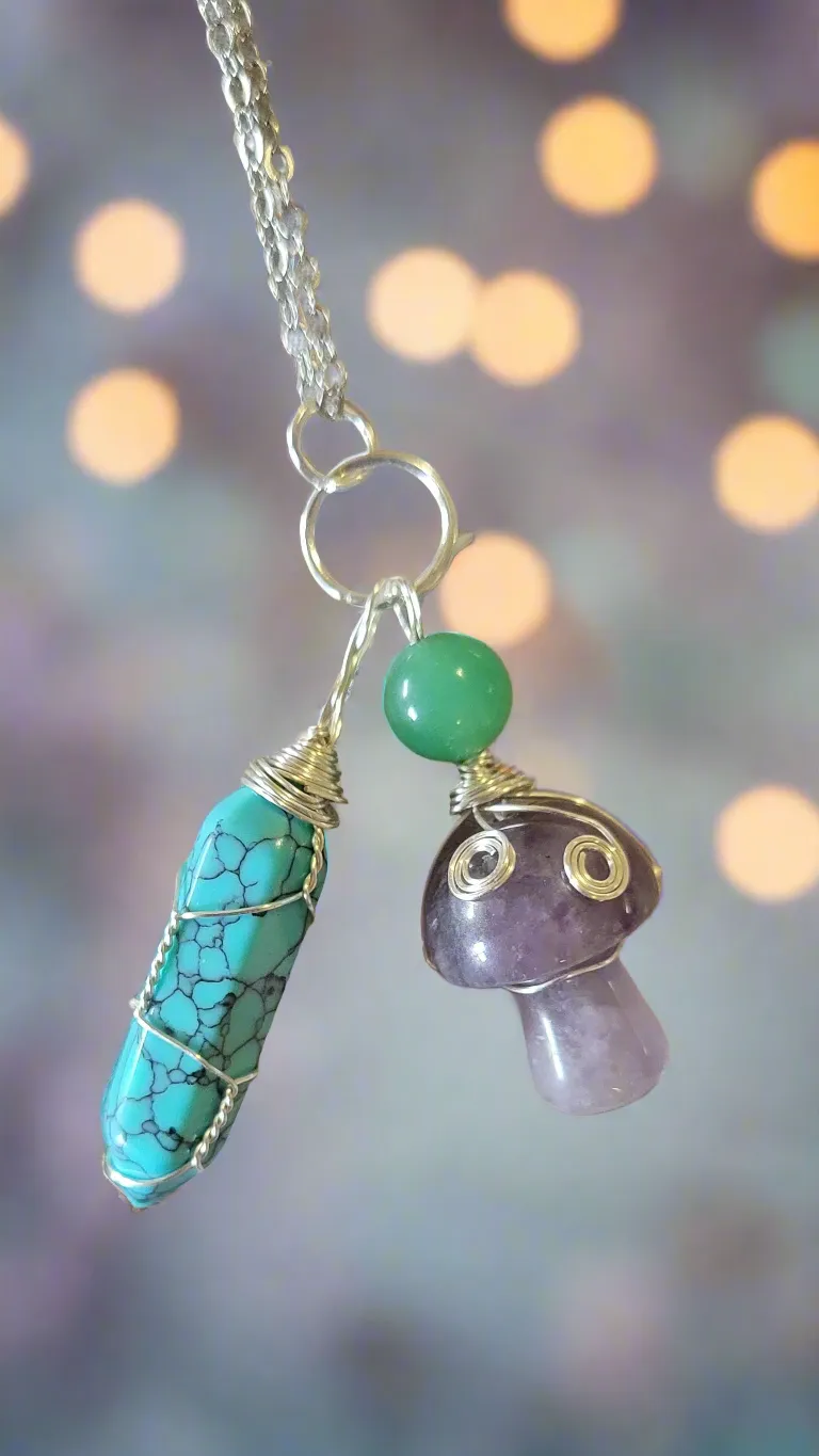 Turquoise & Amethyst Amulet Pendant Lucky Charm Necklace