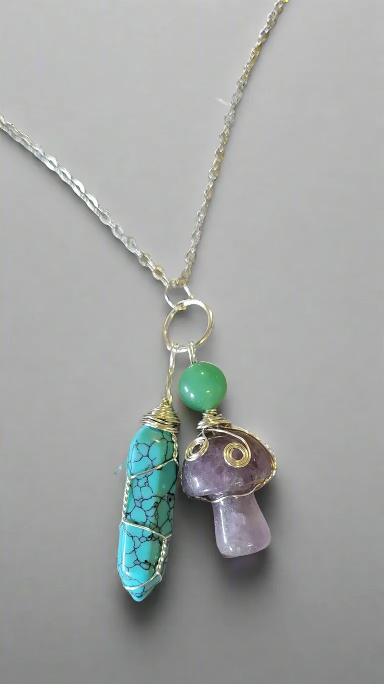 Turquoise & Amethyst Amulet Pendant Lucky Charm Necklace