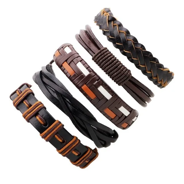 Vintage Black Leather Multilayered Braid Bracelet Set