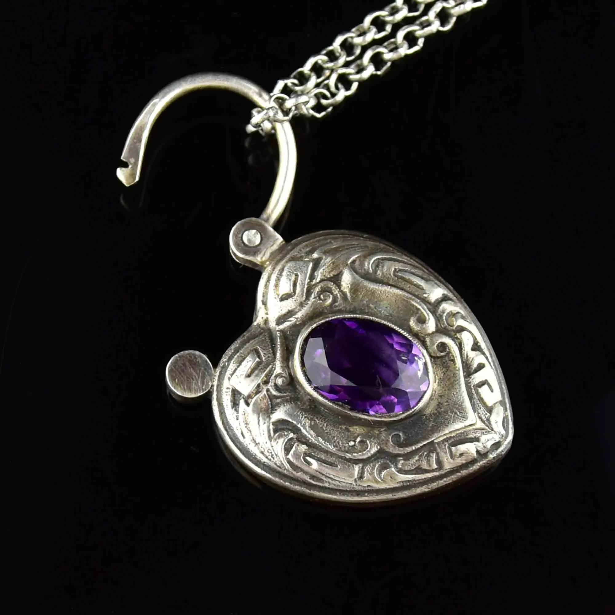 Vintage Silver Amethyst Heart Padlock Pendant Necklace